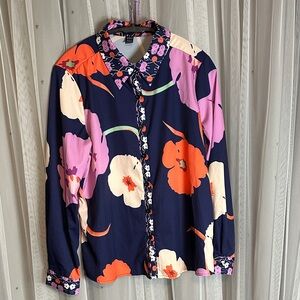 SHEIN Floral Button Down Shirt - Navy, Pink, Orange